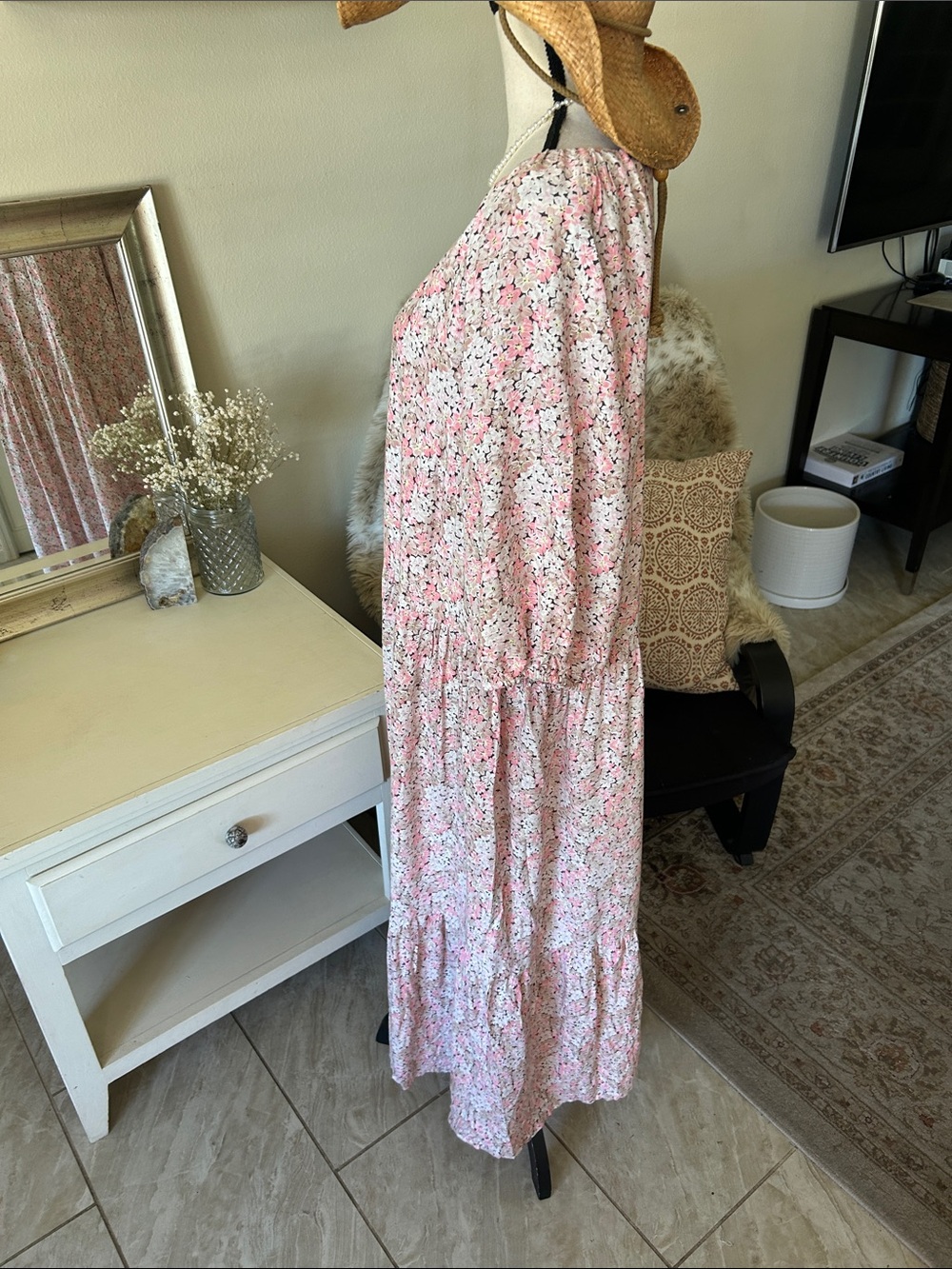 H&M brown tan cream, pink floral cottage V-neck tiered summer maxi dress XL - Picture 8 of 15